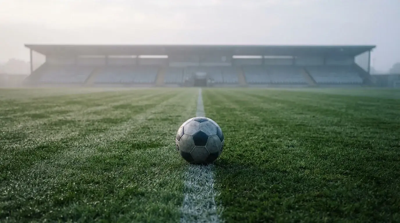 Ein einzelner Fussball liegt auf dem Anstosspunkt eines leeren Rasenplatzes am frühen Morgen, Tau glitzert auf dem Gras, die Tribüne liegt im Dunst.