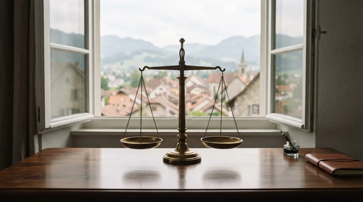 Eine Waage aus Messing steht auf einem polierten Schreibtisch vor einem Fenster mit Blick auf Dächer und sanfte Hügel.