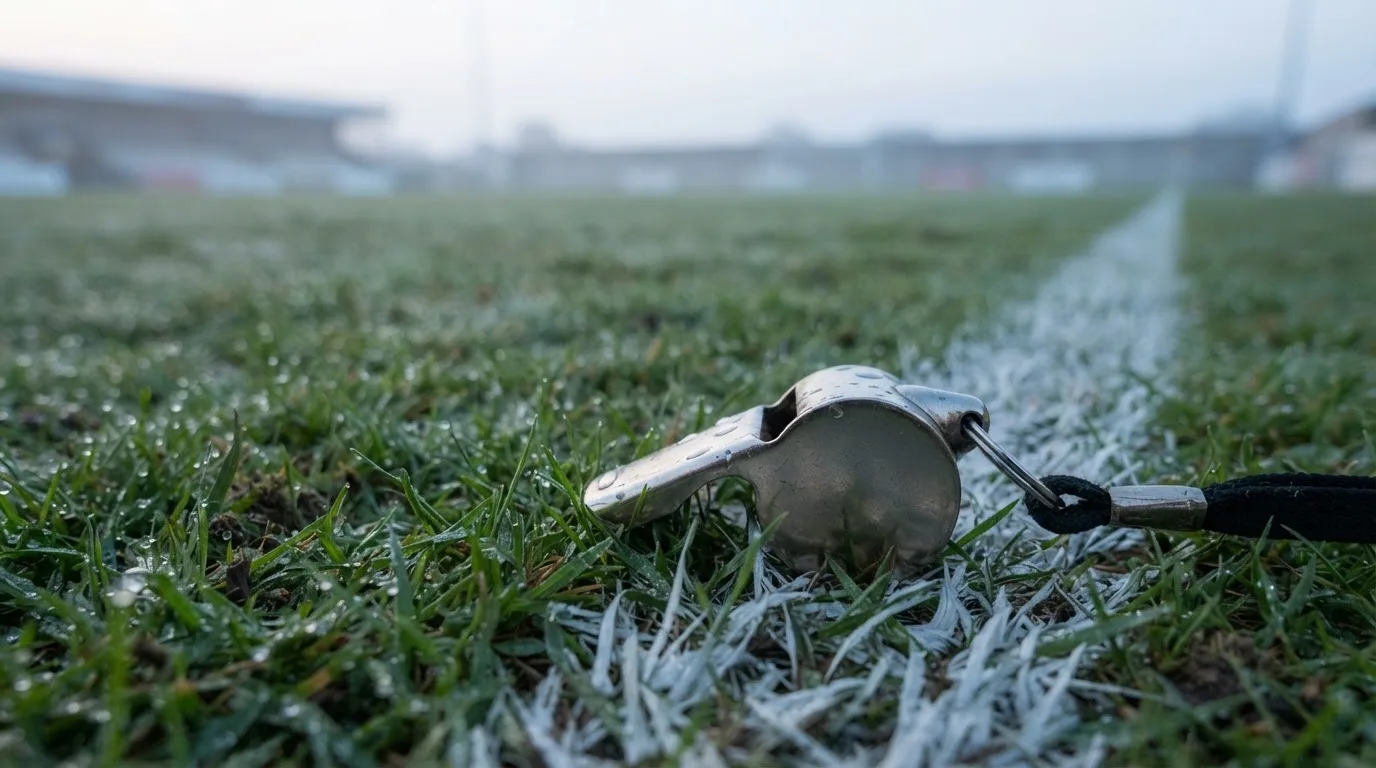 Eine Trillerpfeife liegt auf dem Rasen neben der Mittellinie, Tau hängt an den Halmen, im Hintergrund ein leerer Spielfeldrand.