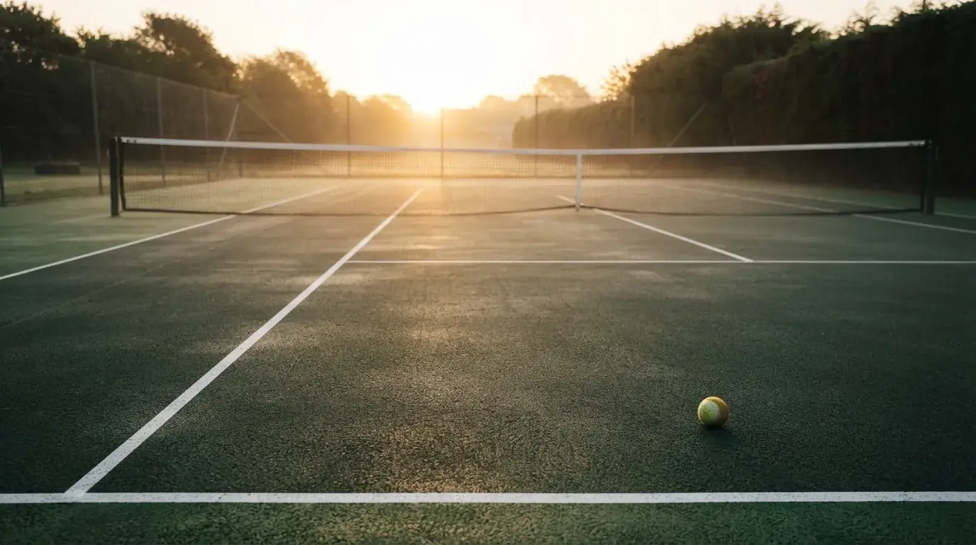 Ein Tennisplatz bei Sonnenaufgang, die Linien frisch gezogen, das Netz in der Mitte und Nebel über dem Boden.