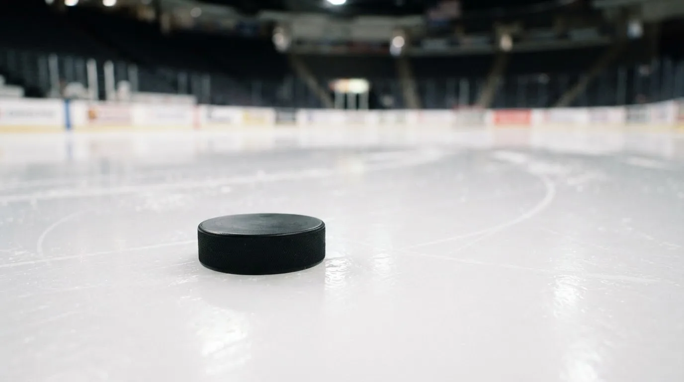 Ein Eishockeypuck liegt auf dem Eis, im Hintergrund unscharf die Bande unter hellem Hallenlicht.