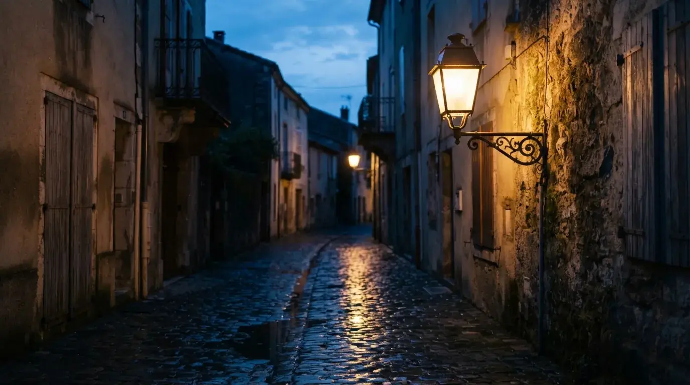 Eine Strassenlaterne in einer leeren Gasse am Abend, das nasse Kopfsteinpflaster spiegelt das warme Licht.