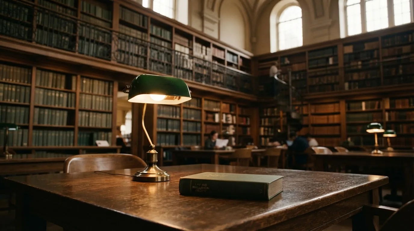Eine Bibliothek mit hohen Holzregalen voller Bücher, im Vordergrund ein Lesetisch mit grüner Lampe.