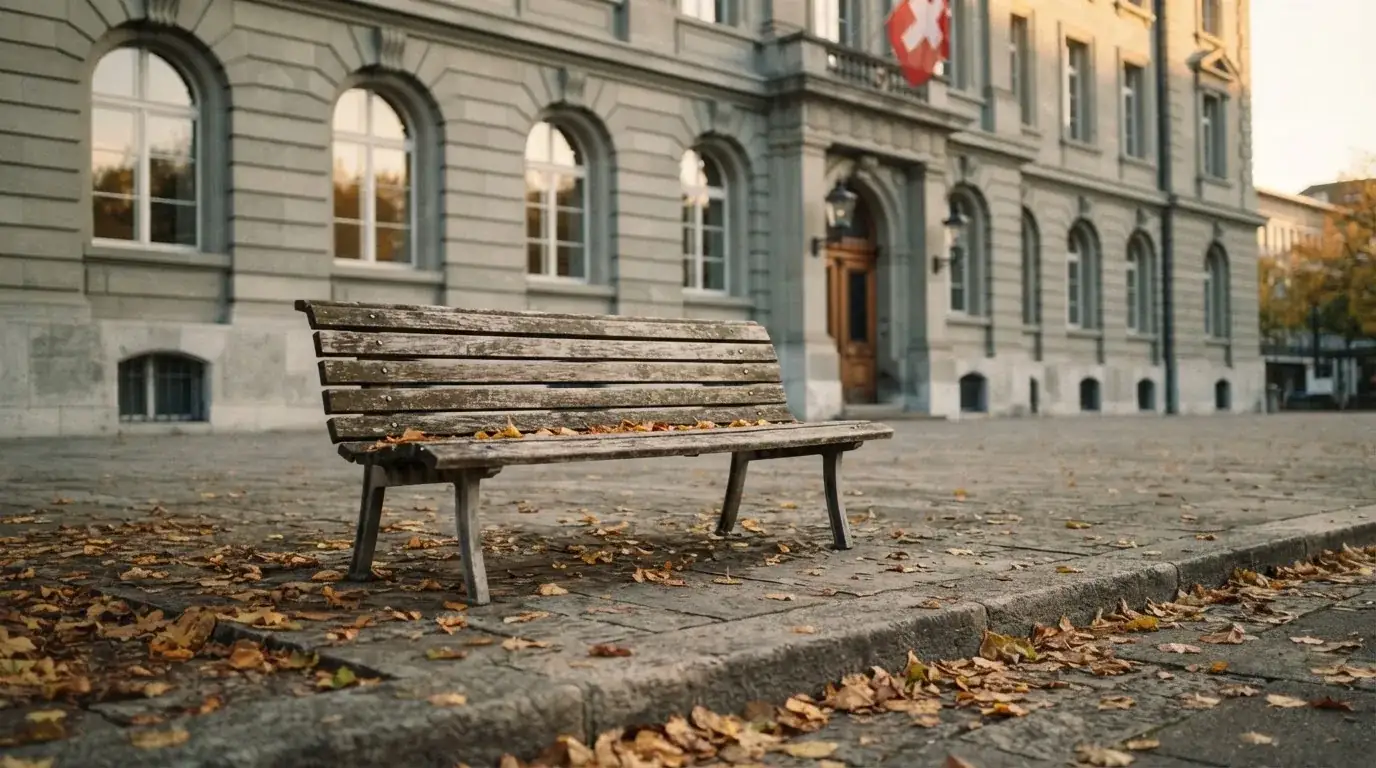 Eine Holzbank steht vor einem Verwaltungsgebäude aus Stein mit hohen Fenstern, Herbstlaub liegt auf dem Boden.