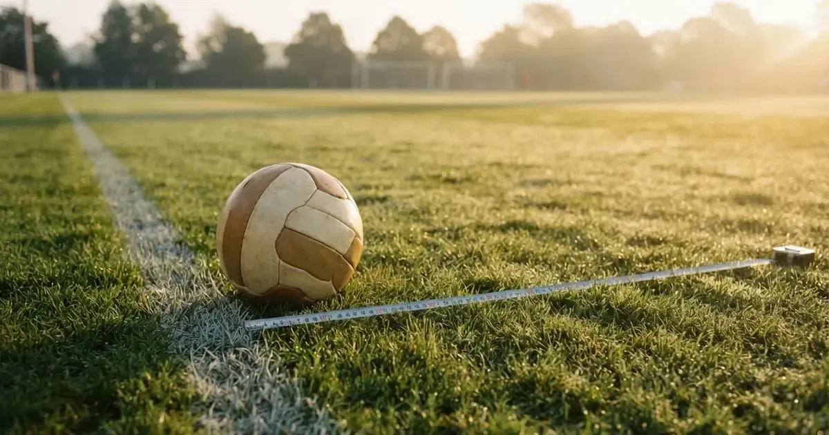 Ein Fussball und ein Massband liegen auf kurz geschnittenem Rasen neben einer Kreidelinie, Morgenlicht von der Seite.