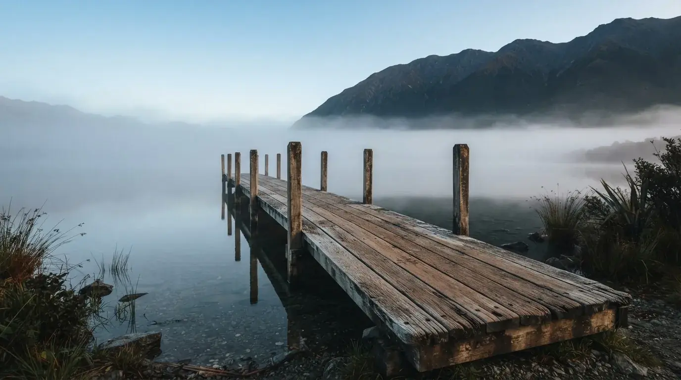 Ein Seeufer mit einem hölzernen Steg, Nebel liegt über dem Wasser, am anderen Ufer erheben sich Berge.