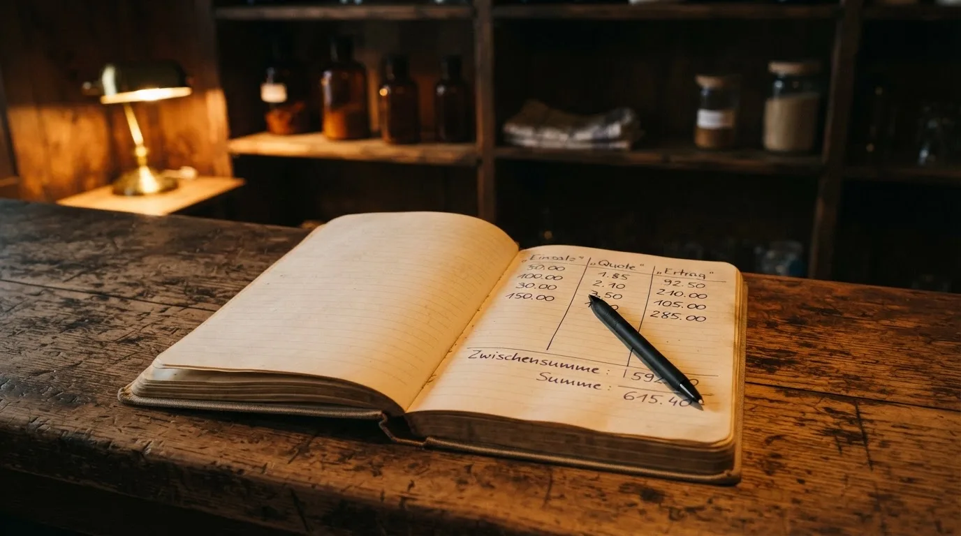 Ein alter Holztresen mit einem Notizbuch und einem Taschenrechner in warmem Lampenlicht, Regale im Hintergrund.