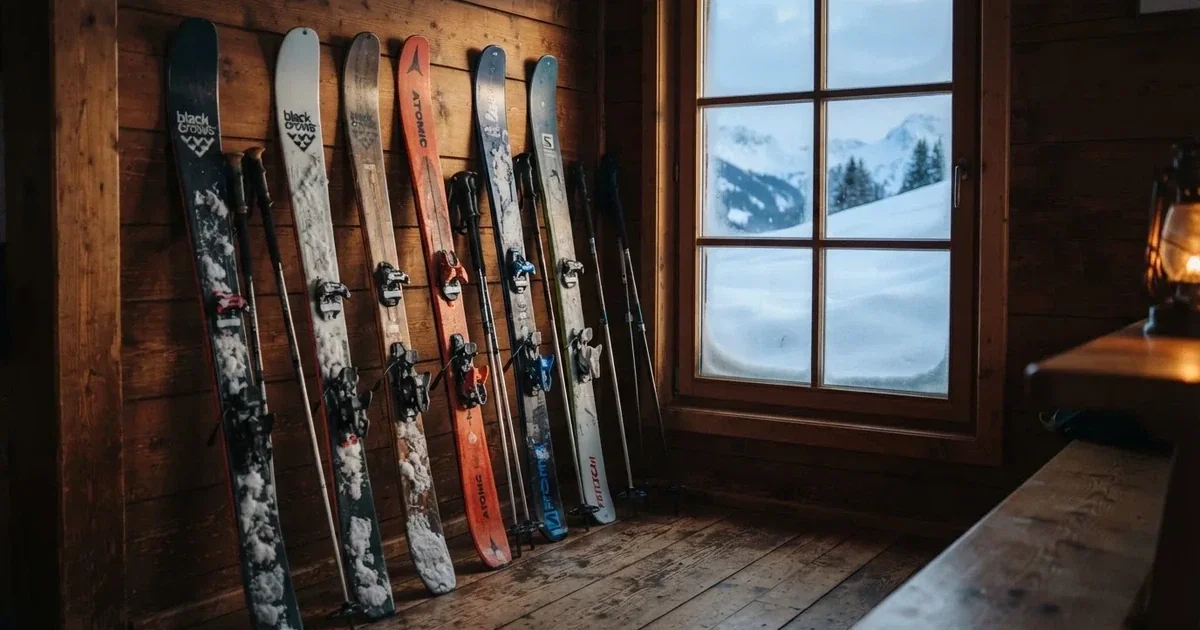 Mehrere Skier und Stöcke lehnen ordentlich in einer Reihe an der Holzwand einer Berghütte, vor dem Fenster liegt Schnee.
