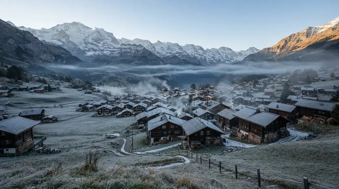 Ein Bergdorf mit Holzhäusern im Tal an einem klaren Morgen, über den Dächern liegen Nebelschwaden und dahinter Gipfel.