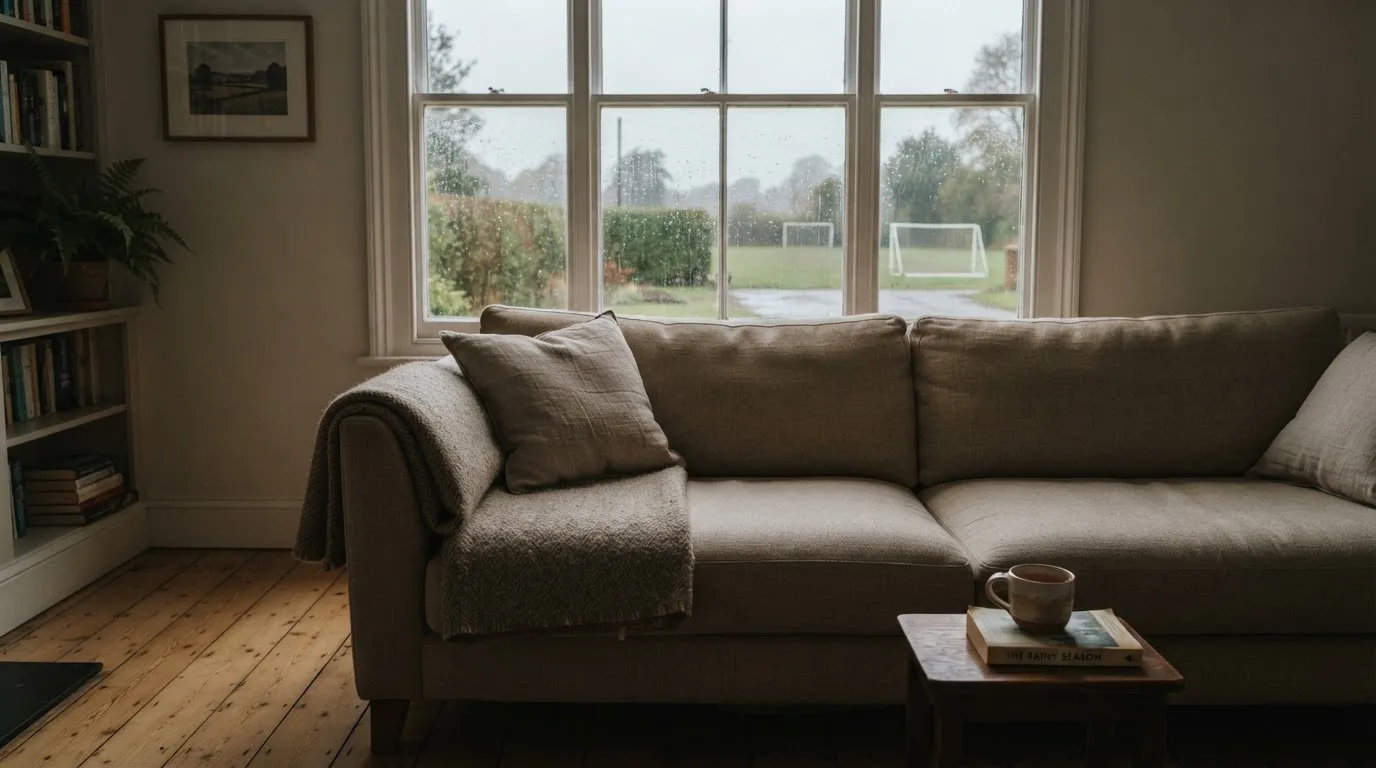 Ein Sofa mit Wolldecke steht vor einem grossen Fenster, draussen Regen und in der Ferne ein Fussballplatz.