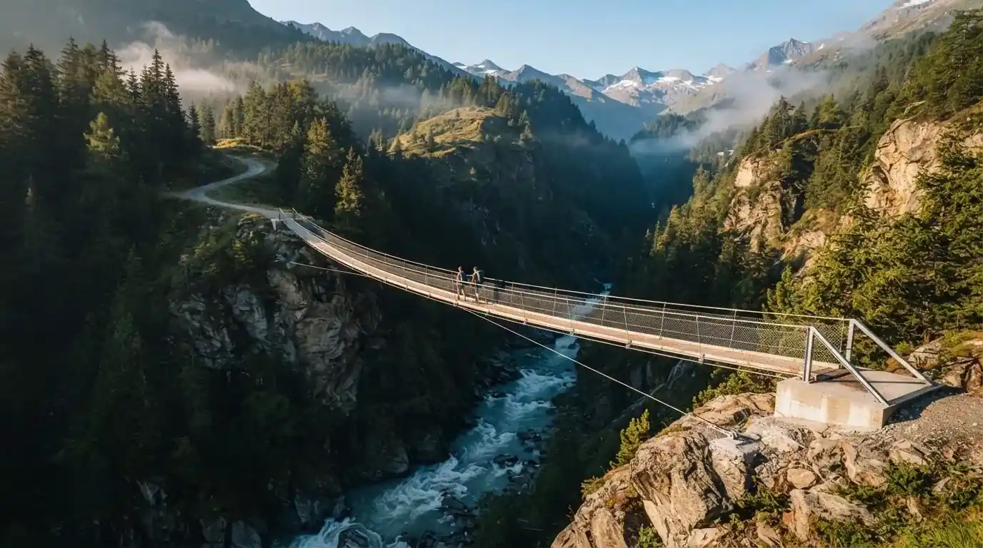 Eine Hängebrücke spannt sich über eine tiefe Schlucht, unten rauscht ein Fluss zwischen bewaldeten Felswänden.