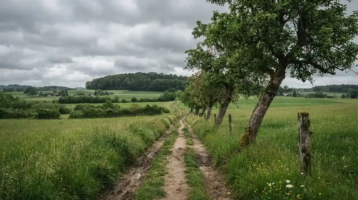 Ein Feldweg führt zwischen Wiesen zu einem Hügel, der Himmel ist bewölkt, am Wegrand stehen Obstbäume.