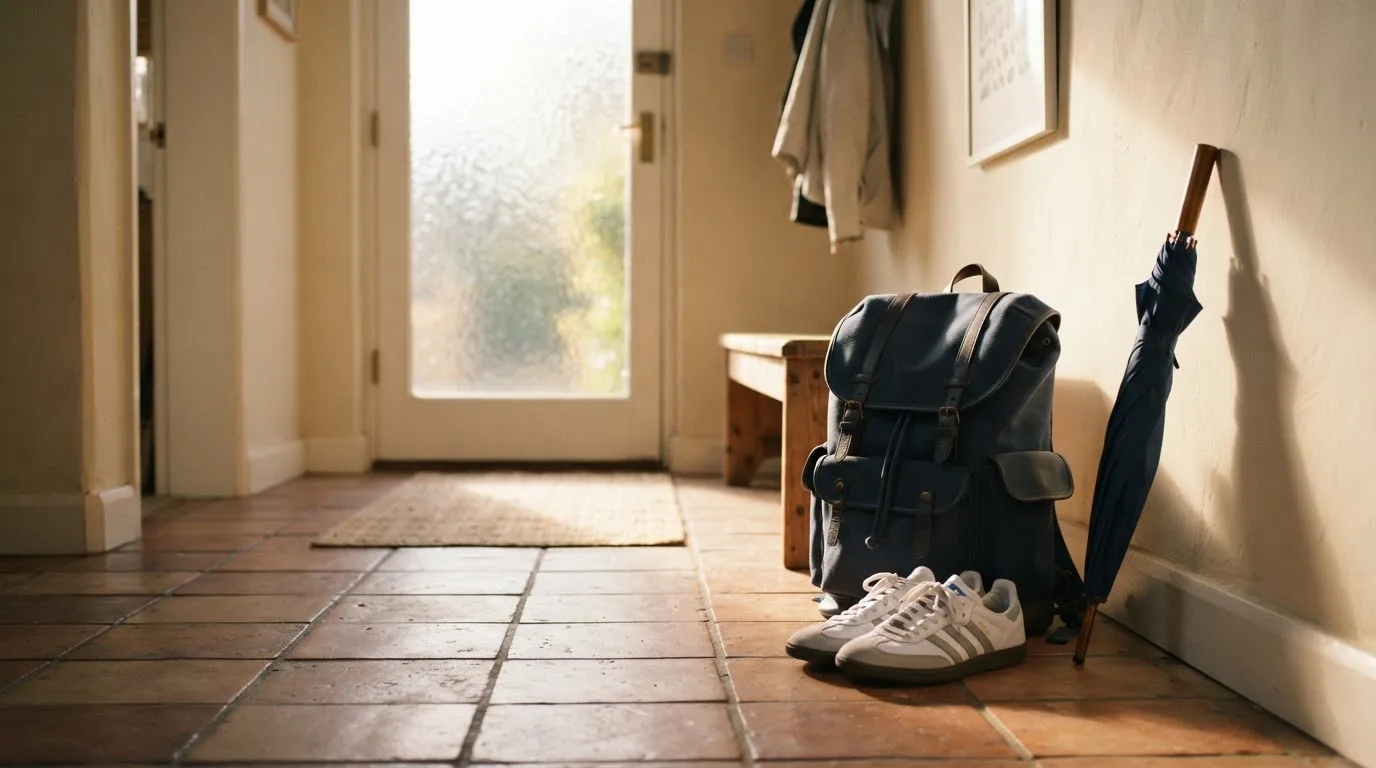 Ein Rucksack und Turnschuhe stehen an einer Haustür, daneben ein Regenschirm, durch das Glas fällt Morgenlicht.