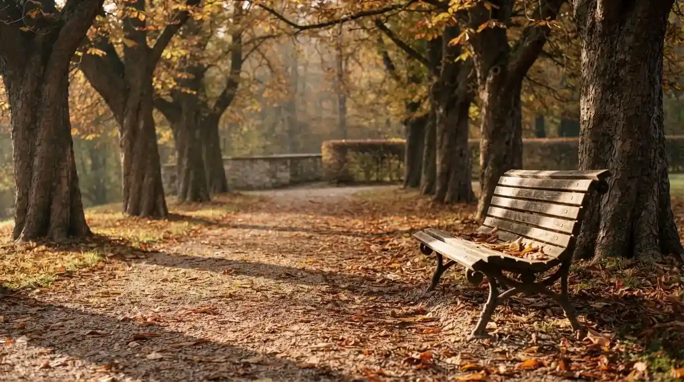 Eine Parkallee mit Kastanienbäumen und einer leeren Bank, Herbstlaub bedeckt den Kiesweg.