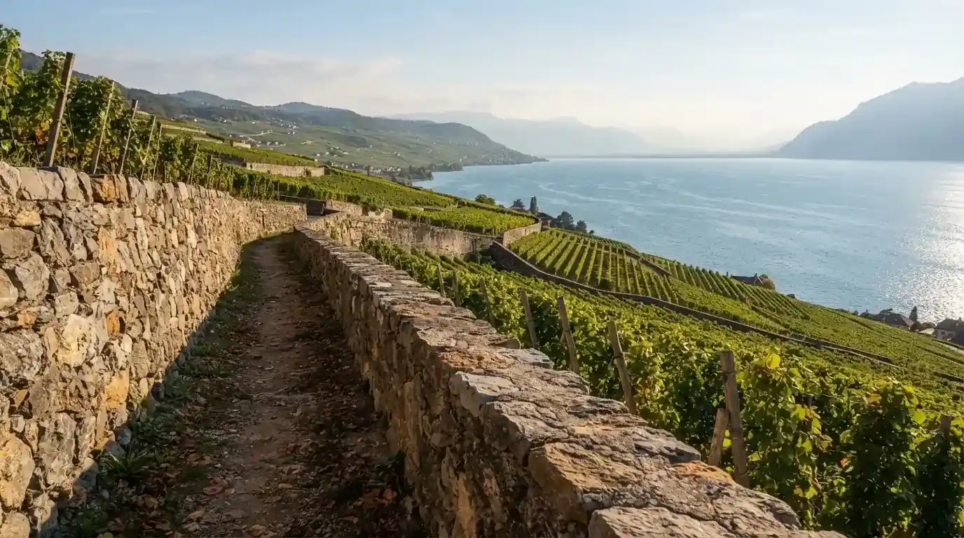 Eine Mauer aus Natursteinen am Wegrand, dahinter Weinberge, die zu einem See hinabführen.