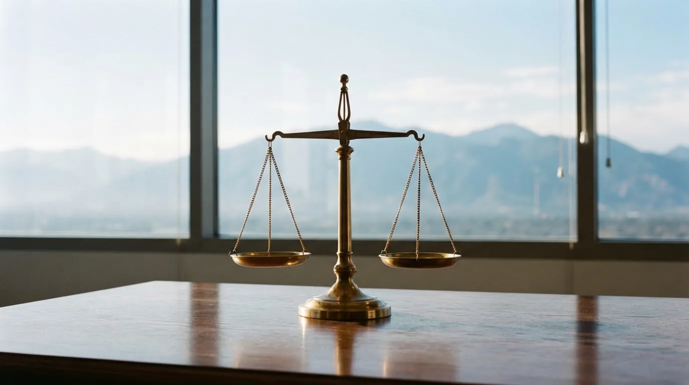 Eine Waage aus Messing steht auf einem polierten Schreibtisch in einem hellen Büro, durch das Fenster sind ferne Berge zu sehen.