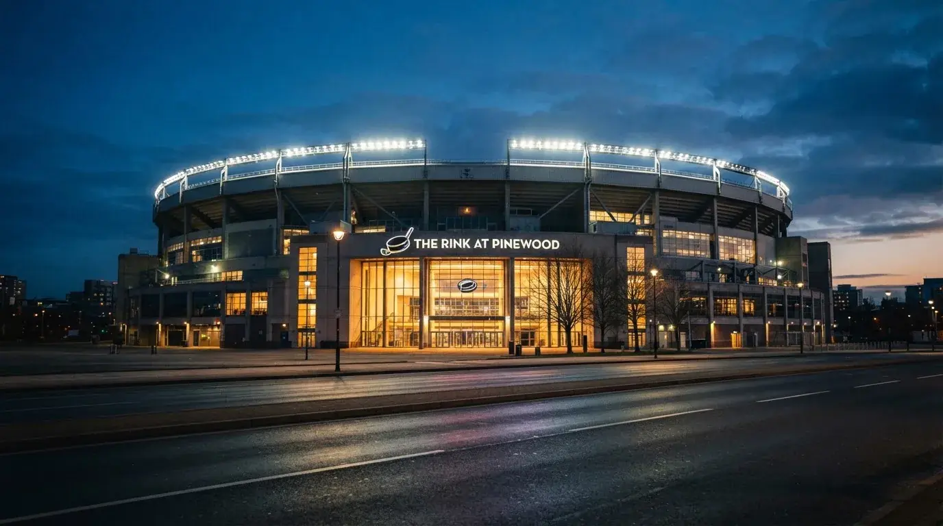 Ein grosses Eisstadion aus der Ferne gesehen, hell erleuchtet von Flutlicht in der Abenddämmerung, davor eine leere Strasse.