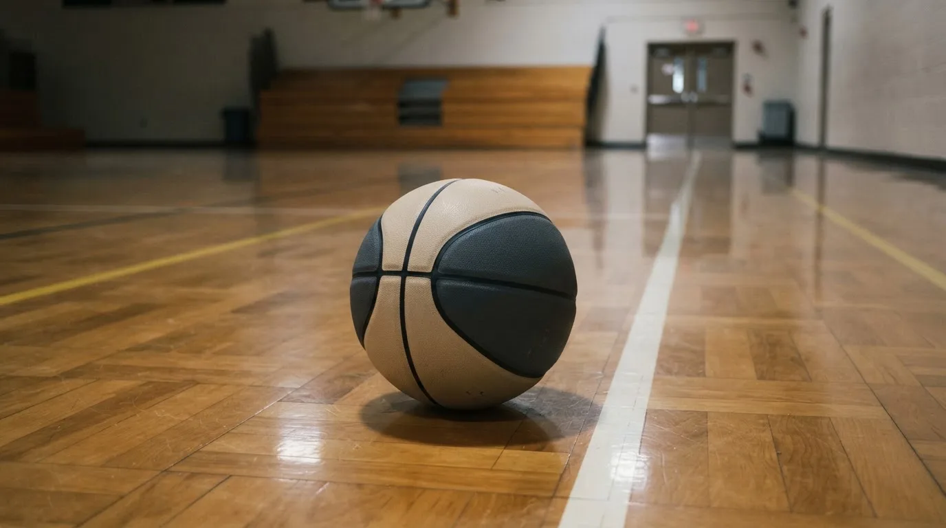 Ein Basketball liegt auf dem Parkett einer leeren Halle, von den Deckenlampen fällt gleichmässiges Licht auf den Boden.