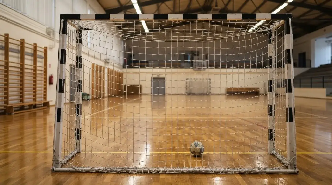 Ein Handballtor in einer leeren Sporthalle, der Ball liegt im Torraum und das Hallenlicht spiegelt sich im Parkett.