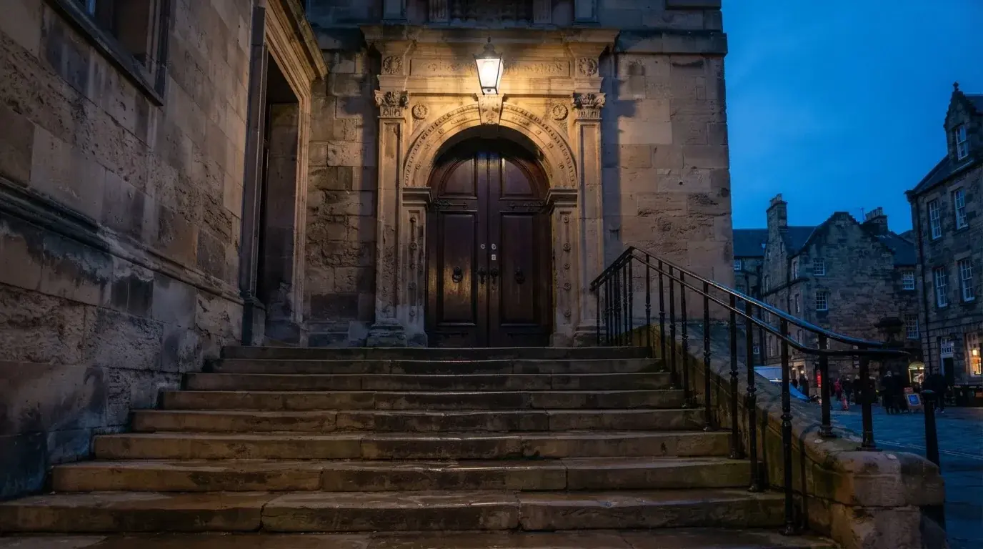 Eine breite Steintreppe führt zu einem hohen Portal aus dunklem Holz, das Licht der Dämmerung liegt auf den Stufen.