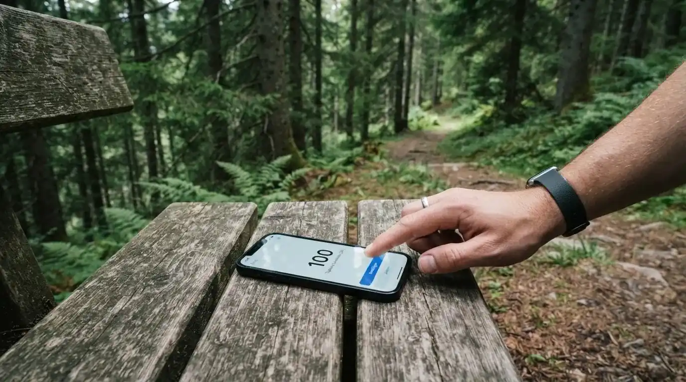 Eine Person von hinten auf einem Waldweg, die langsam zwischen hohen Tannen geht.