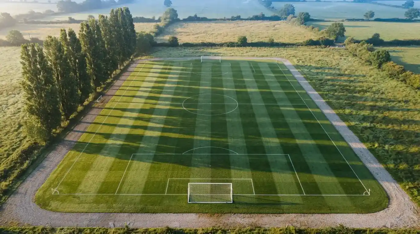 Ein leerer Fussballplatz mit weissen Linien von oben gesehen im Morgenlicht, am Rand stehen zwei Tore und eine Reihe Pappeln.