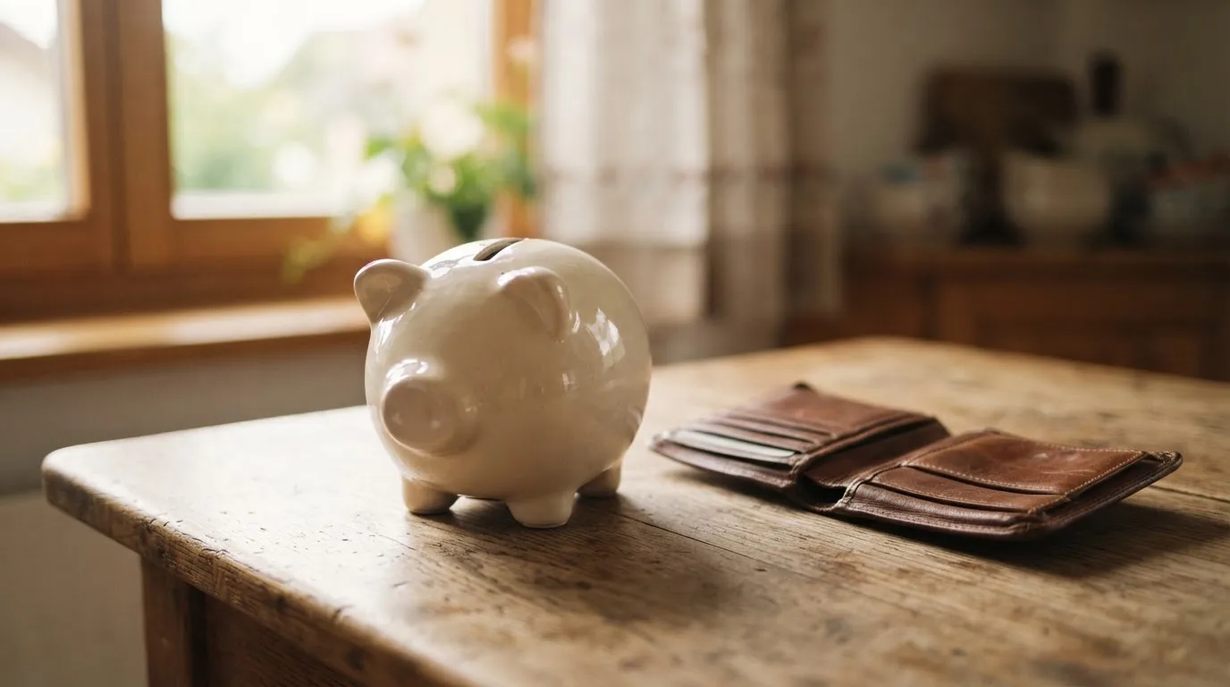 Ein Sparschwein aus Keramik steht auf einem Küchentisch neben einer leeren Geldbörse im Licht des Morgens.
