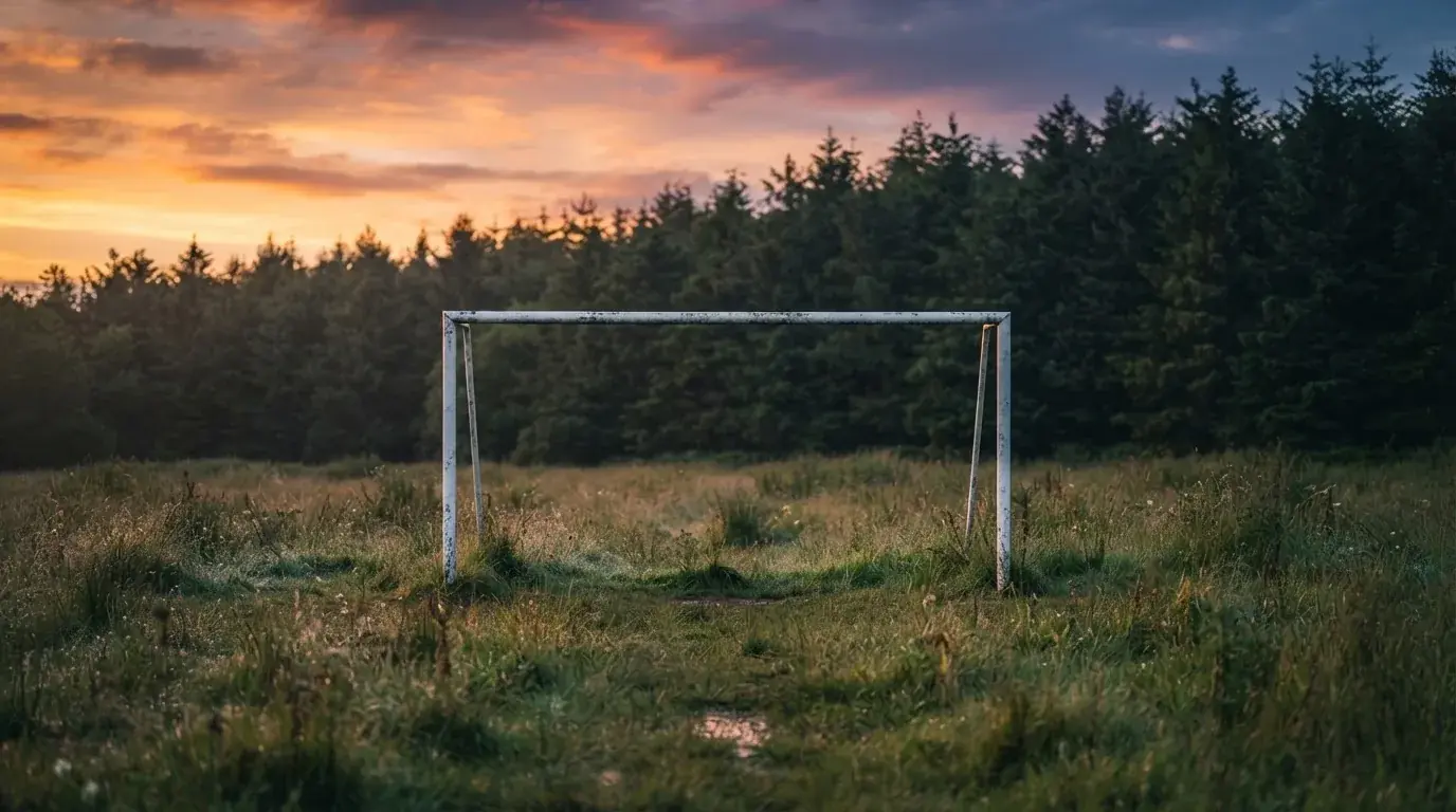 Ein Fussballtor ohne Netz steht auf einer Wiese am Waldrand, die Abenddämmerung färbt den Himmel orange.