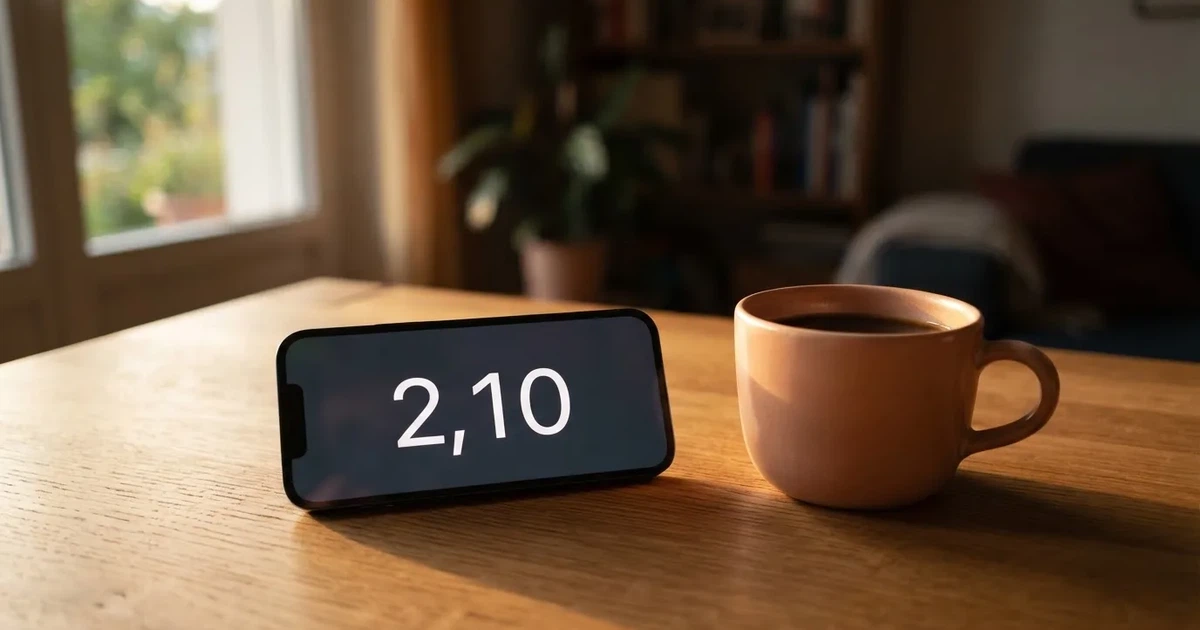 Ein Smartphone mit dunklem Display liegt auf einem Holztisch neben einer Kaffeetasse, durch das Fenster fällt warmes Abendlicht.