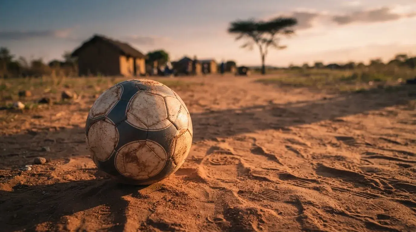 Ein Fussball liegt auf rotbraunem Sand am Rand eines Dorfes, die Abendsonne wirft lange Schatten.