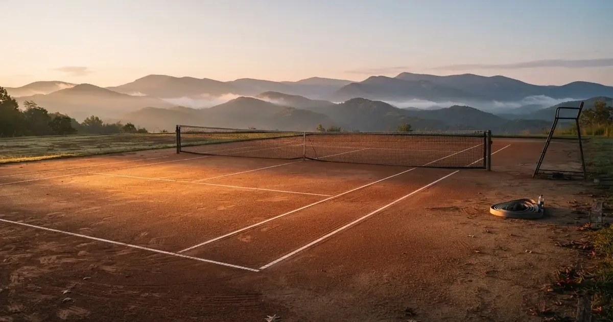 Ein Sandplatz im ersten Morgenlicht, die Linien sind frisch gezogen, das Netz bewegt sich leicht im Wind, Berge im Dunst.