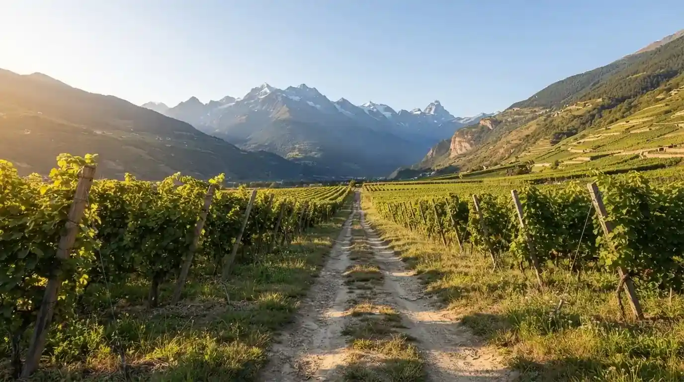 Ein Feldweg zwischen Weinreben im Wallis bei Sonnenaufgang, im Hintergrund hohe Berge und klare Luft.