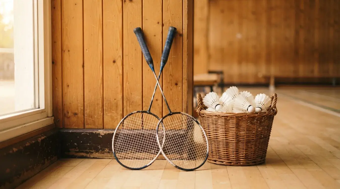 Zwei Badmintonschläger lehnen gekreuzt an einer Hallenwand aus Holz, daneben steht ein Korb mit Federbällen.