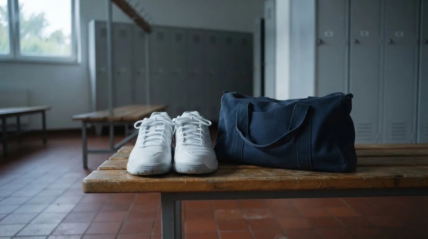 Ein Paar Hallenschuhe steht ordentlich neben einer Sporttasche auf einer Bank in einer leeren Garderobe, ein Fenster lässt Morgenlicht herein.