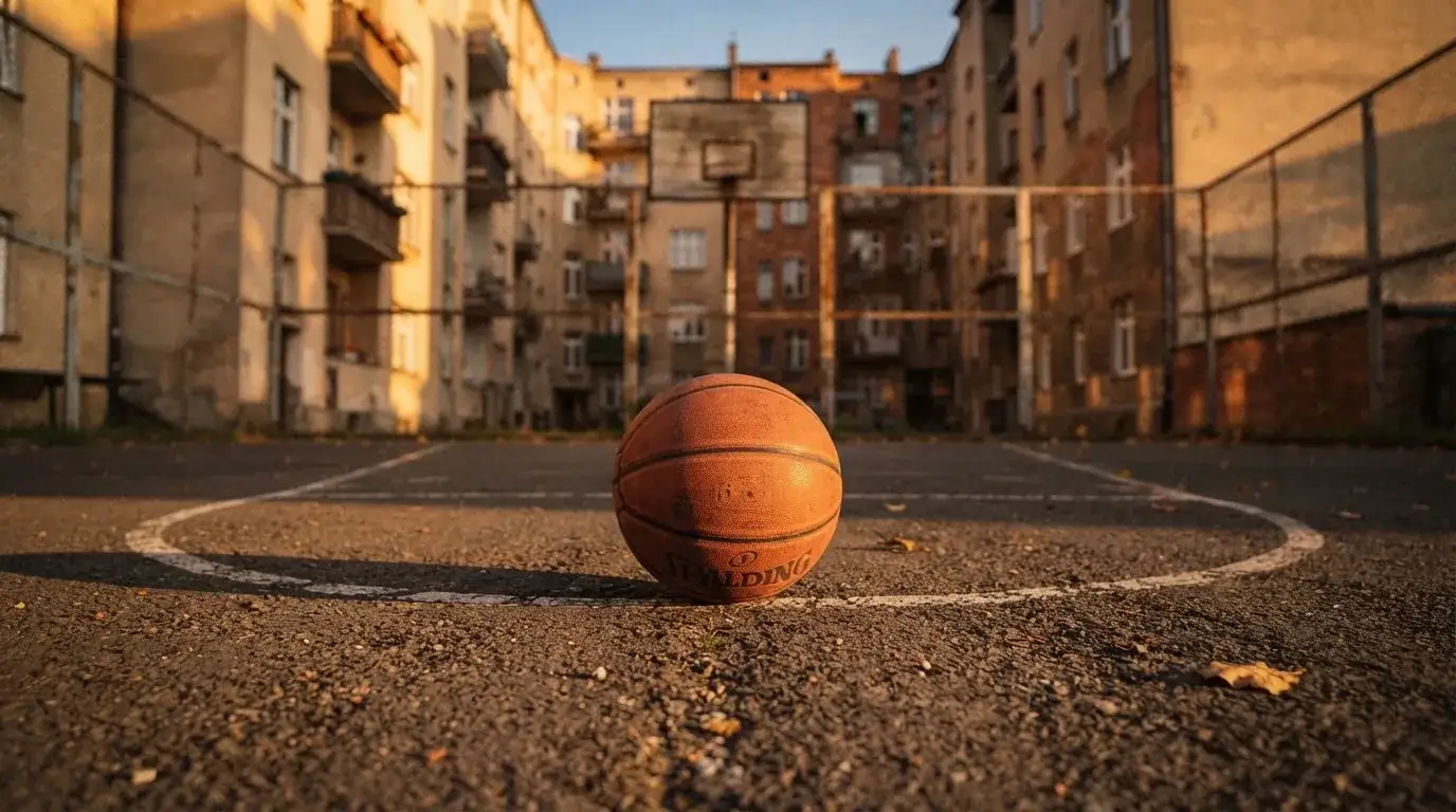Ein Basketball liegt auf einem Asphaltplatz in einem Hinterhof zwischen Wohnblöcken, das Abendlicht färbt die Wände warm.