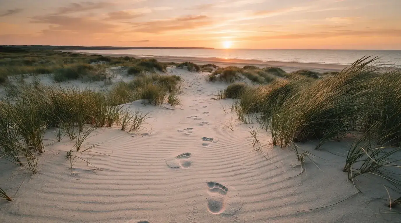 Spuren im Sand führen durch Dünengras auf den Horizont zu, die Sonne steht tief und färbt den Himmel orange.