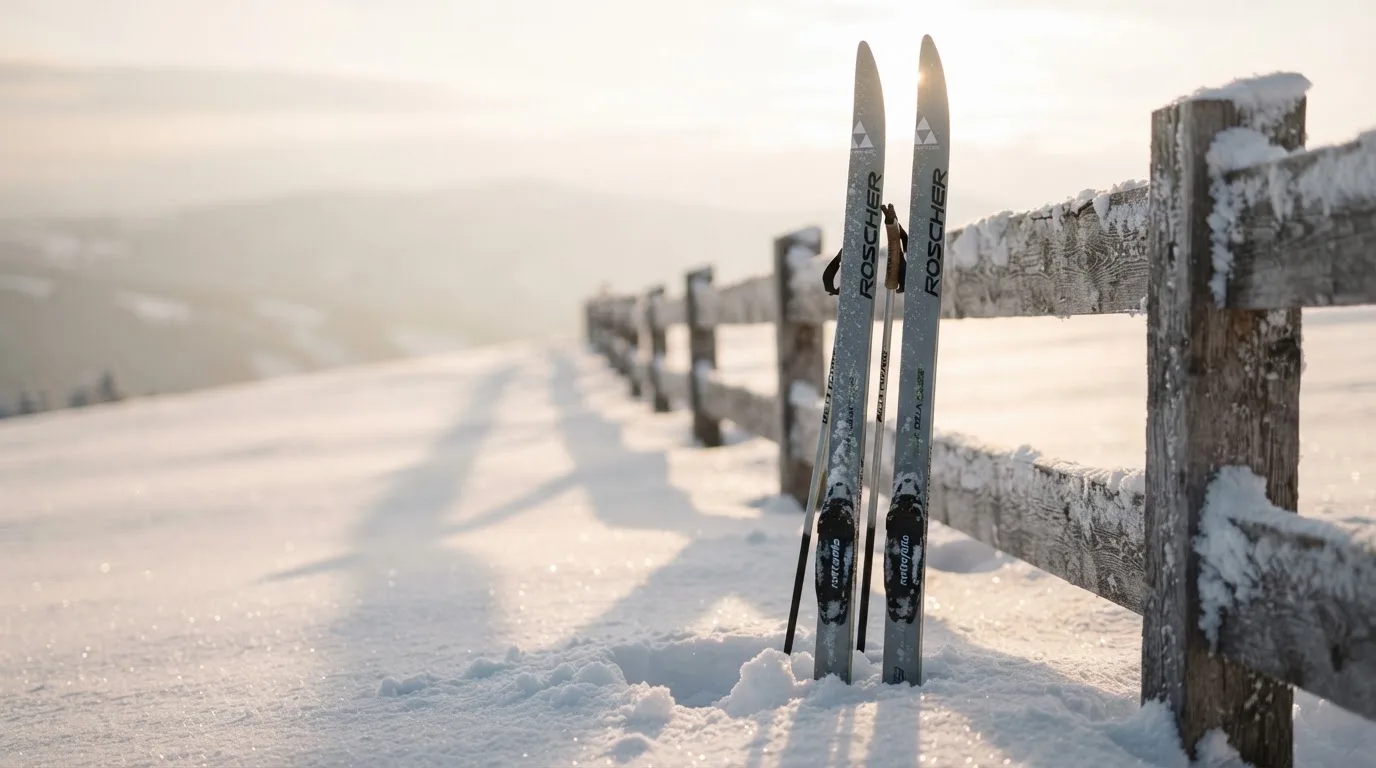 Ein Paar Langlaufskier steckt aufrecht im Schnee neben einem Holzzaun, die Sonne glitzert auf Eiskristallen.