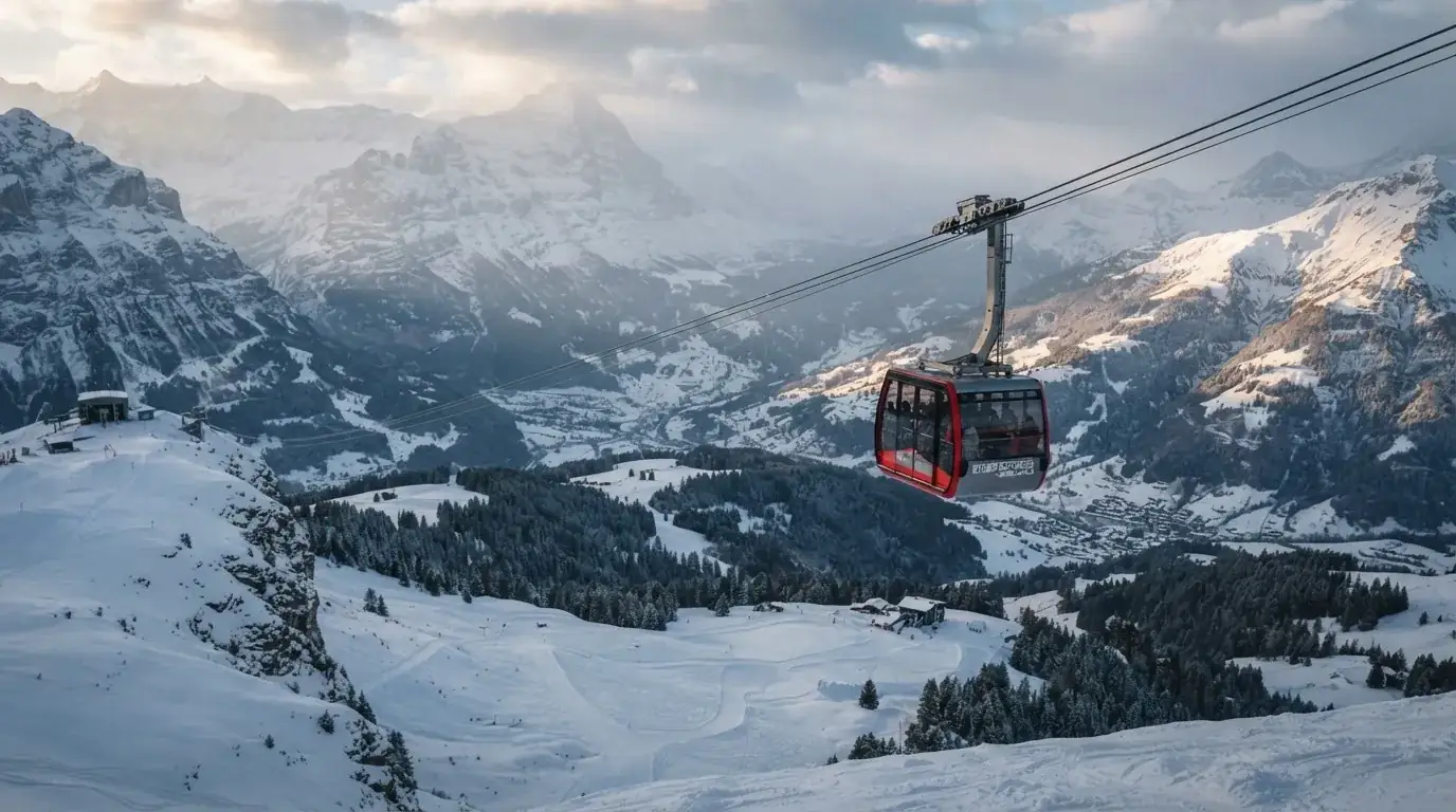 Eine Seilbahnkabine schwebt über einem verschneiten Tal, die Sonne bricht durch die Wolken und beleuchtet die Hänge.