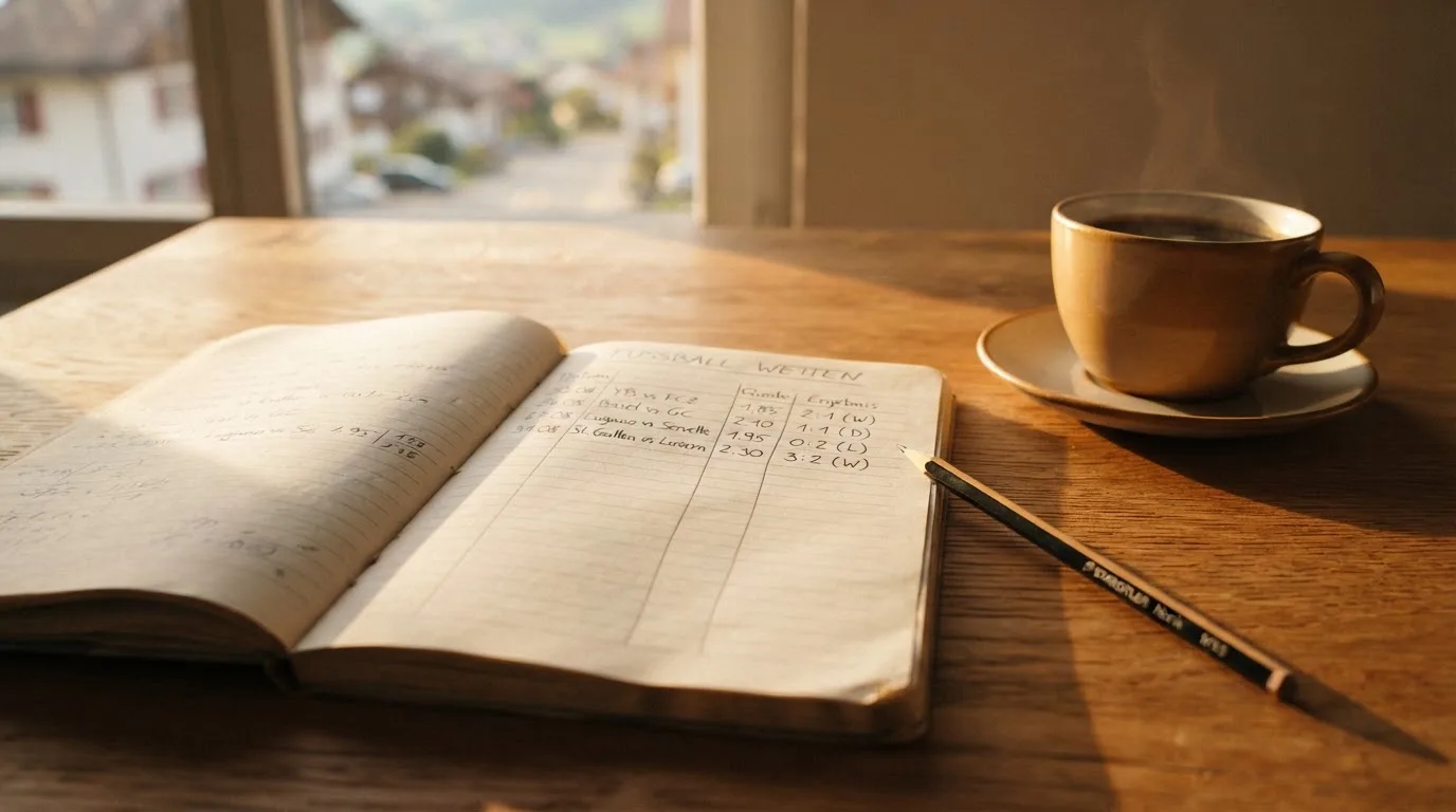 Ein aufgeschlagenes Notizbuch mit handgeschriebenen Spalten und ein Bleistift neben einer Tasse Kaffee auf einem Holztisch am Morgen