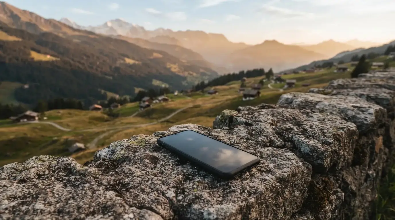 Ein Smartphone mit dunklem Display liegt auf einer Steinmauer, dahinter ein Alpental im Abendlicht