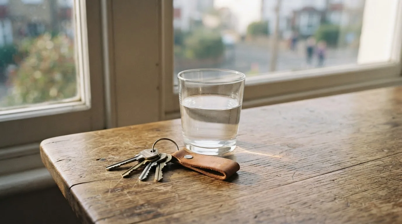 Ein Schlüsselbund und ein Glas Wasser stehen auf einem Holztisch im Licht eines Fensters