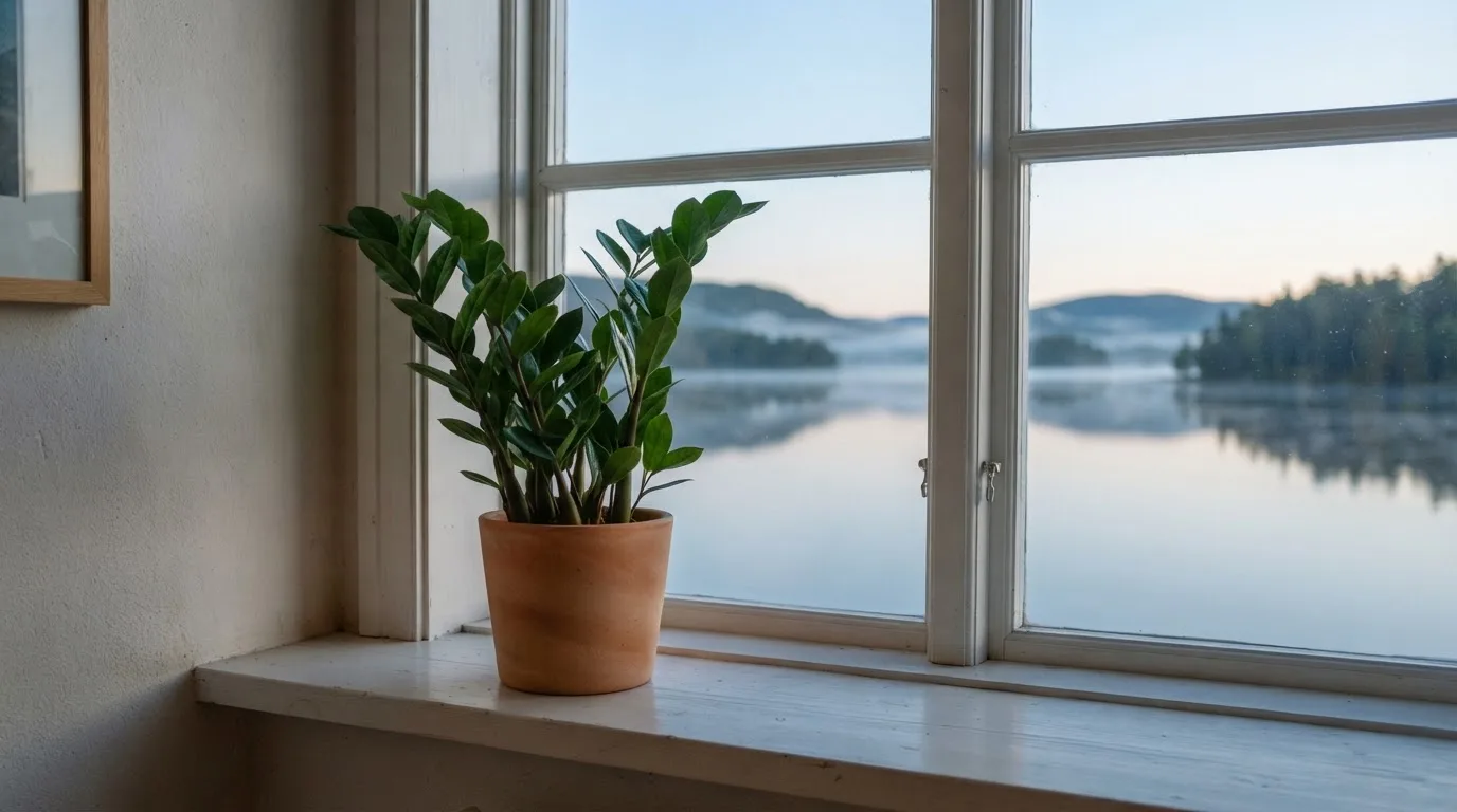 Eine Topfpflanze auf einem Fensterbrett mit weitem Blick über einen stillen See am Morgen