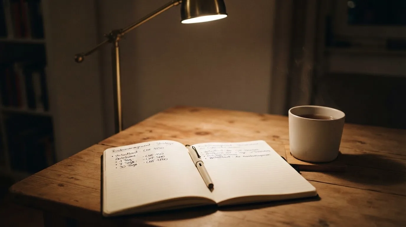 Ein Notizbuch mit handschriftlichen Einträgen und eine Tasse Tee stehen auf einem Tisch neben einer Stehlampe