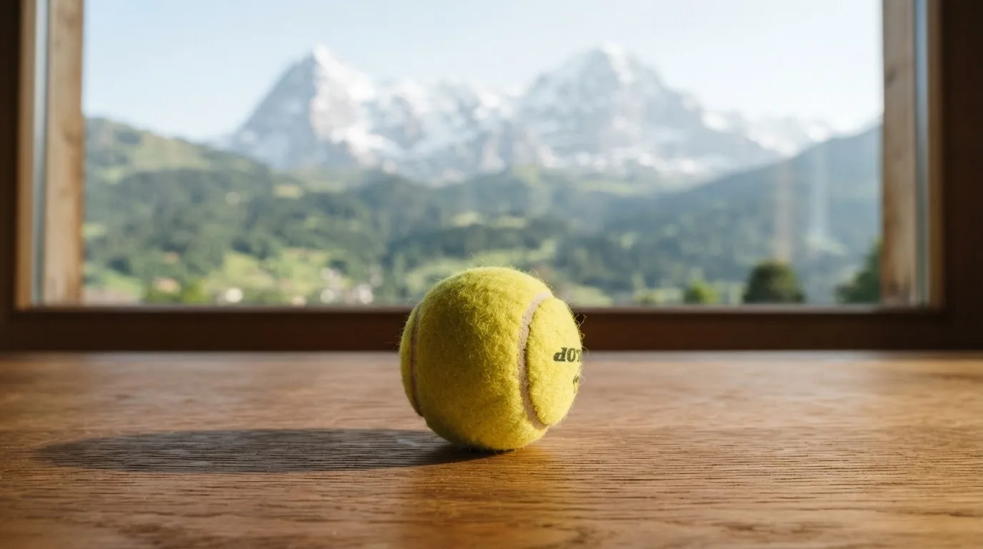 Ein einzelner gelber Tennisball liegt auf einem Holztisch vor einem Fenster mit Alpenblick