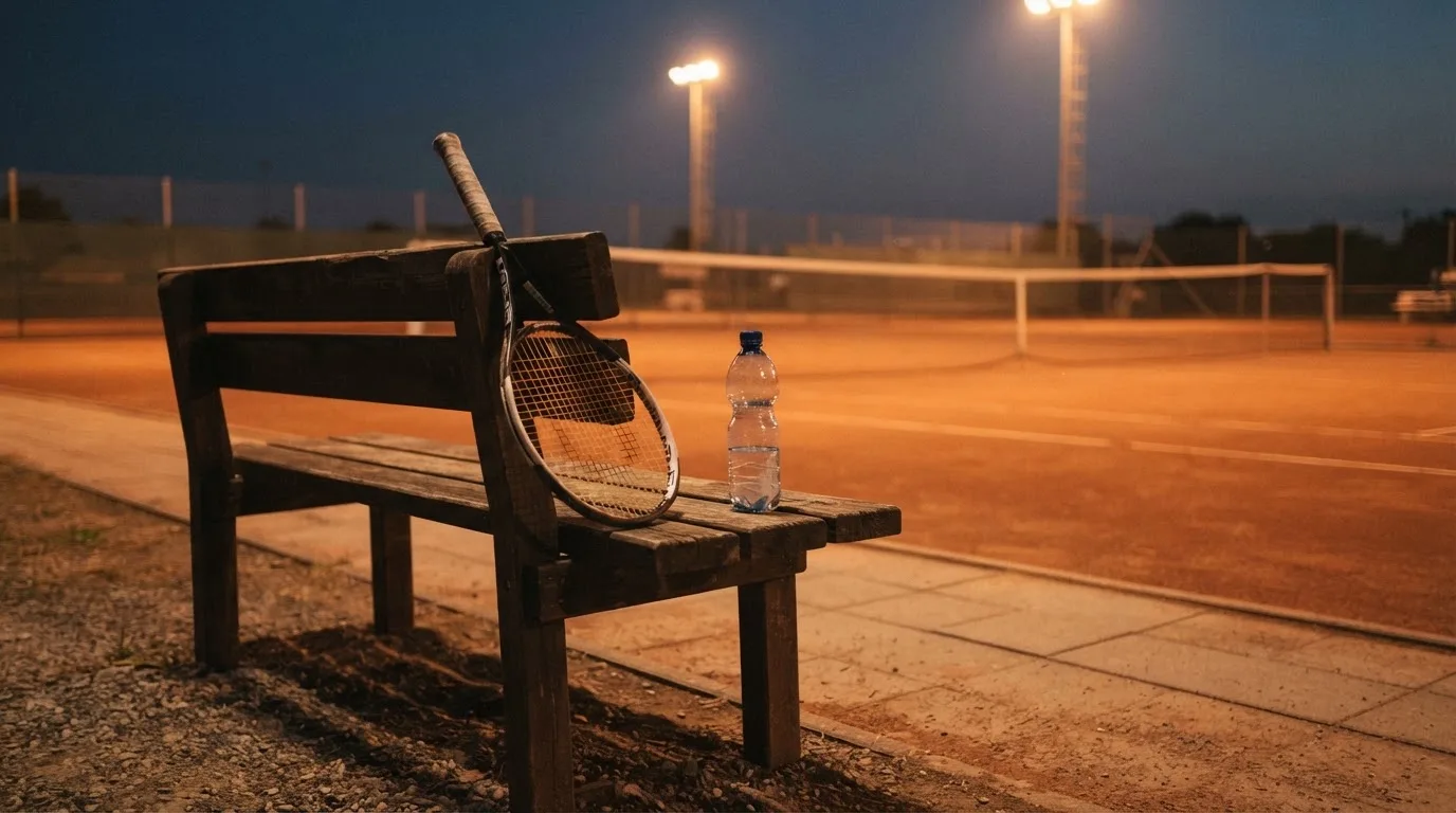 Ein Tennisschläger lehnt an einer Bank neben einer Wasserflasche, am Abend ruht der Platz im Flutlicht, aus der Ferne gesehen