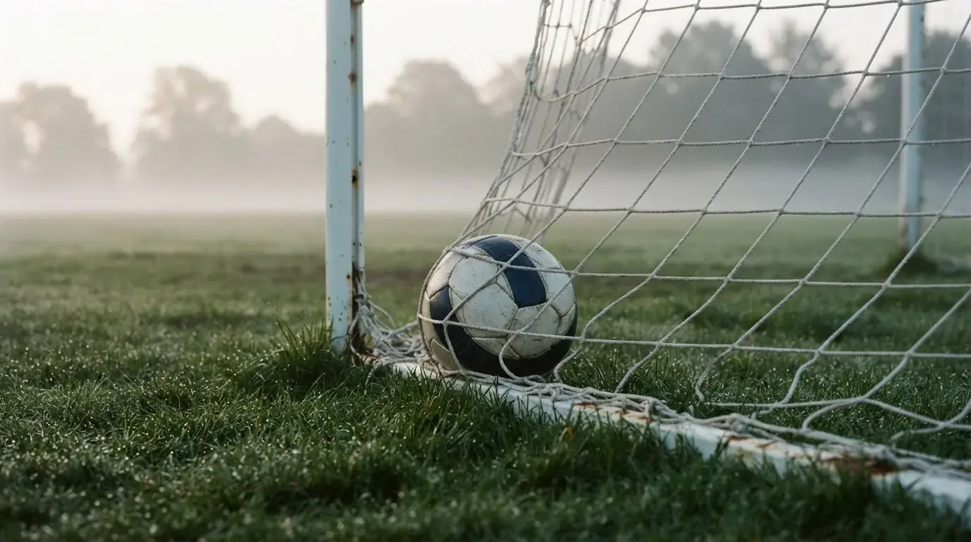 Ein Fussball liegt im Netz hinter einem Tor, weicher Morgennebel hängt über dem Rasen
