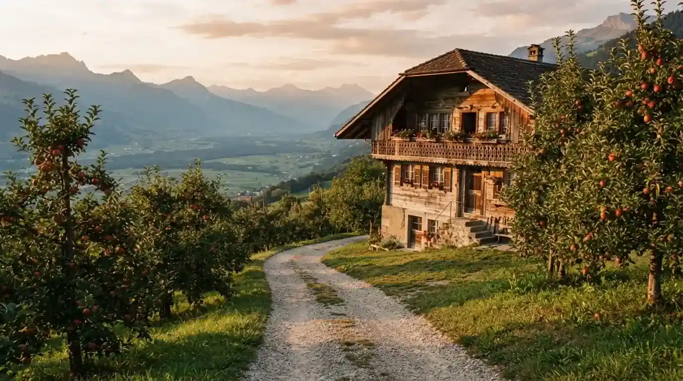 Ein Kiesweg führt durch einen Obstgarten zu einem Bauernhaus mit Holzbalkon, über dem Tal liegt Abendlicht