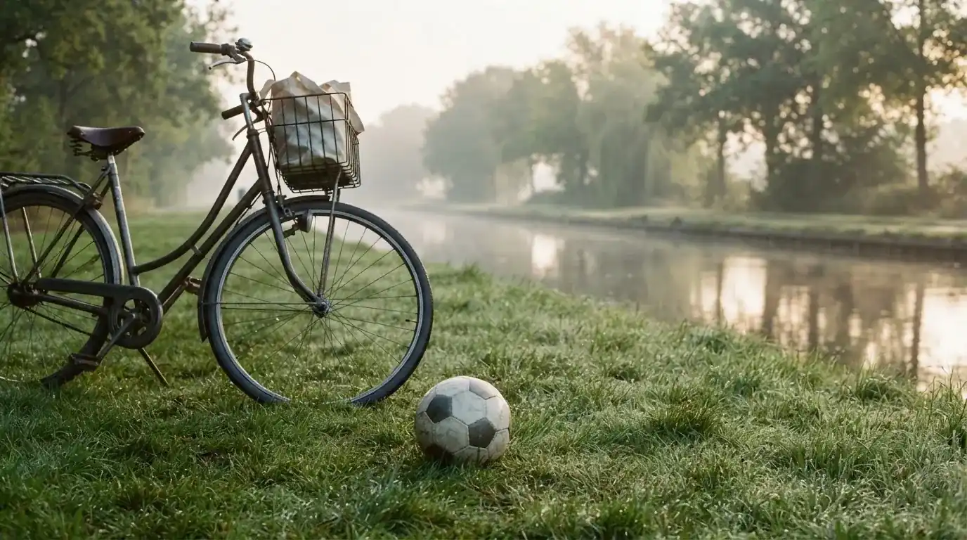 Ein Fussball liegt auf einer Wiese neben einem Fahrrad, im Hintergrund ein Kanal im Morgenlicht