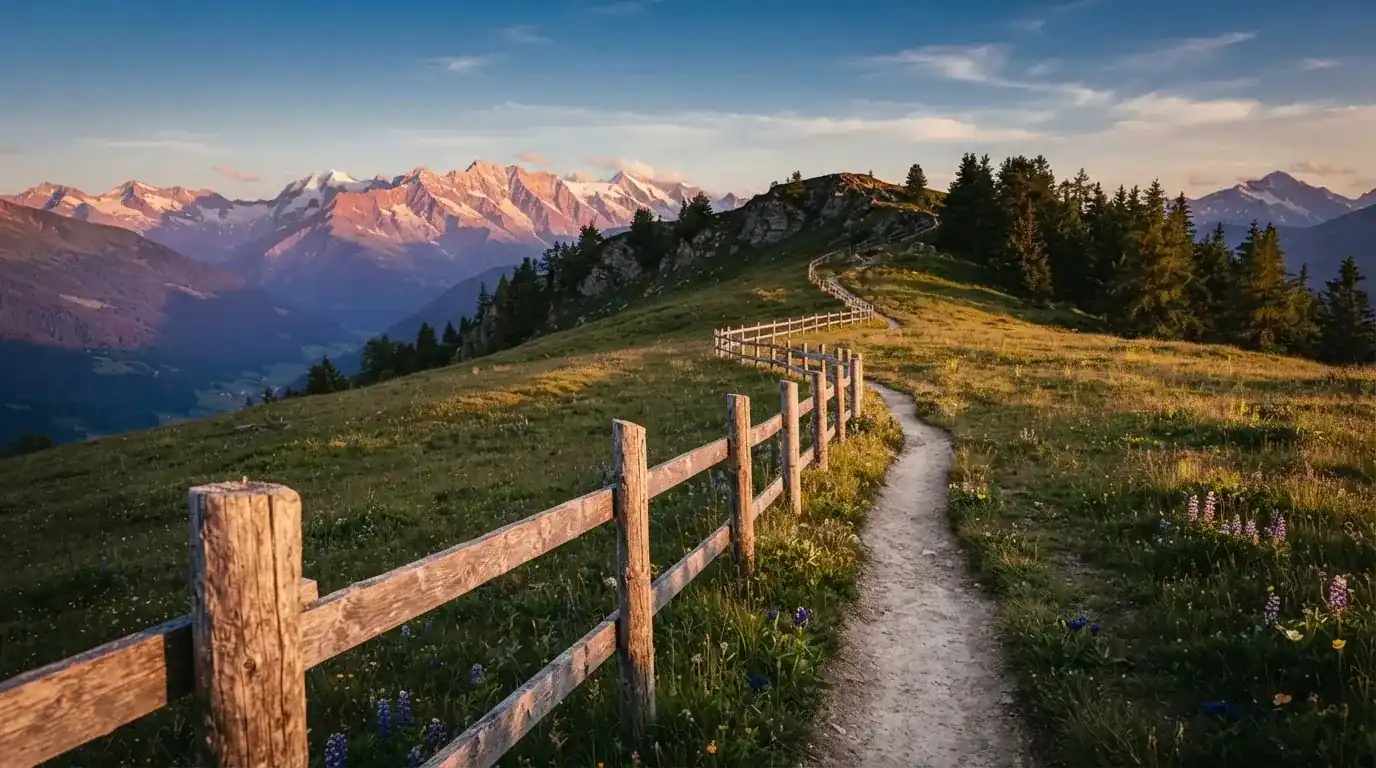 Ein Wanderweg führt durch eine Almwiese im Sonnenuntergang, am Wegrand steht ein Holzzaun