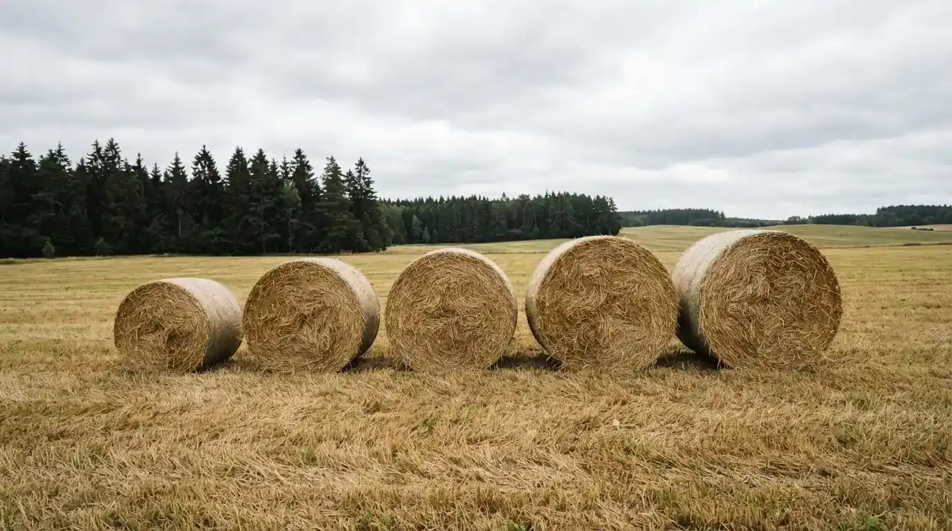 Fünf Strohballen stehen der Grösse nach geordnet in einer Reihe am Rand einer Wiese unter bewölktem Himmel.